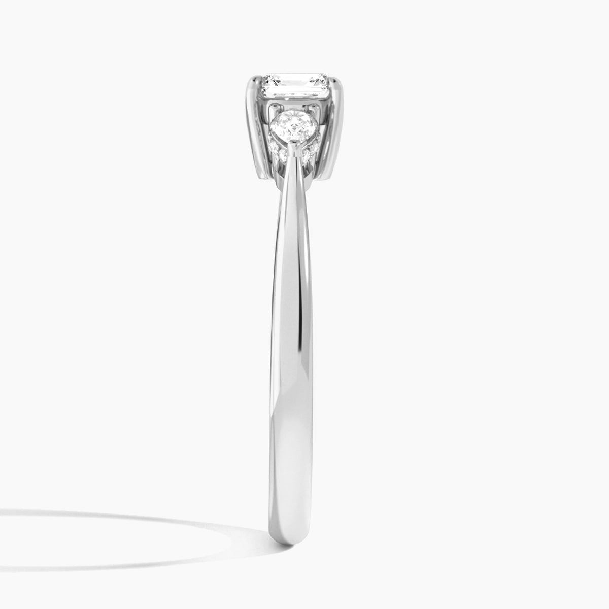 Asscher Adorned Couture Three Stone Lab Diamond Engagement Ring In Platinum, Side View