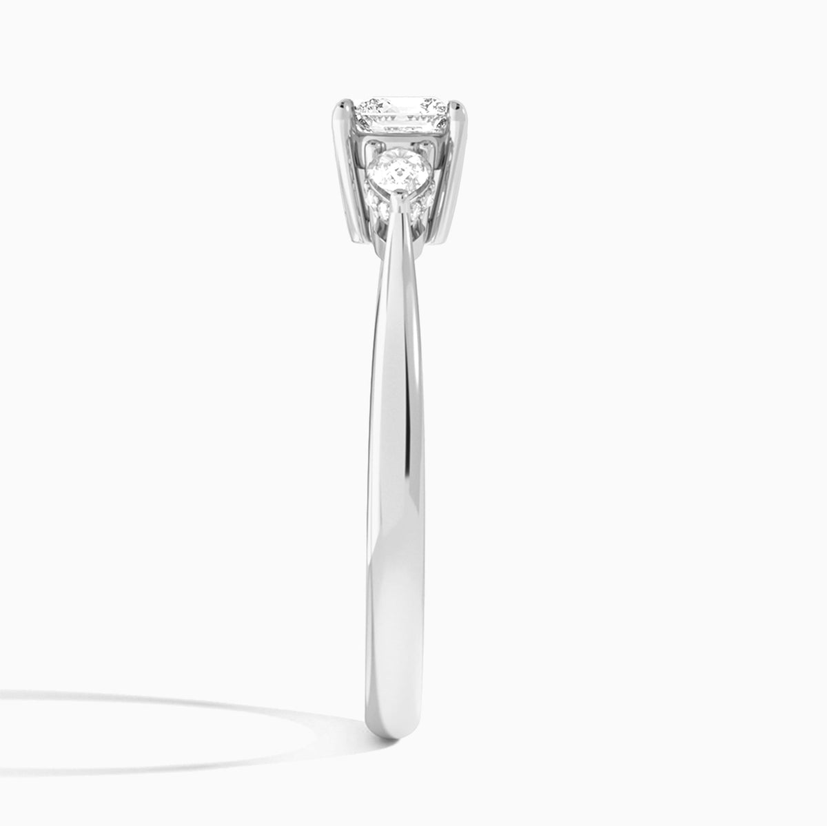Cushion Adorned Couture Three Stone Lab Diamond Engagement Ring In Platinum, Side View