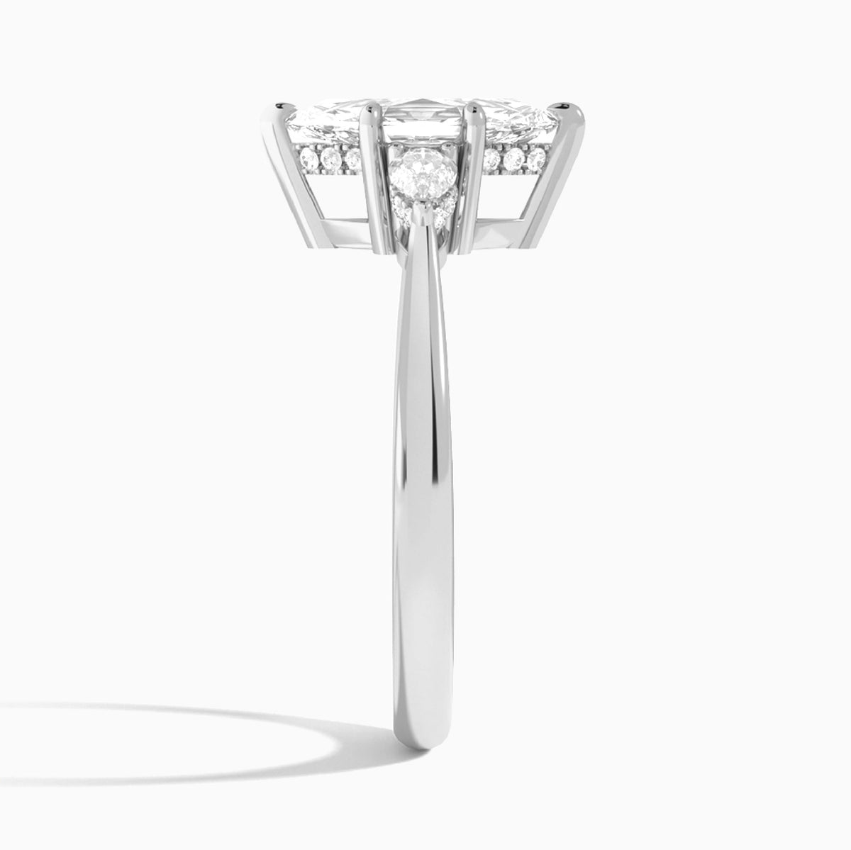 Marquise Adorned Couture Three Stone Lab Diamond Engagement Ring In Platinum, Side View