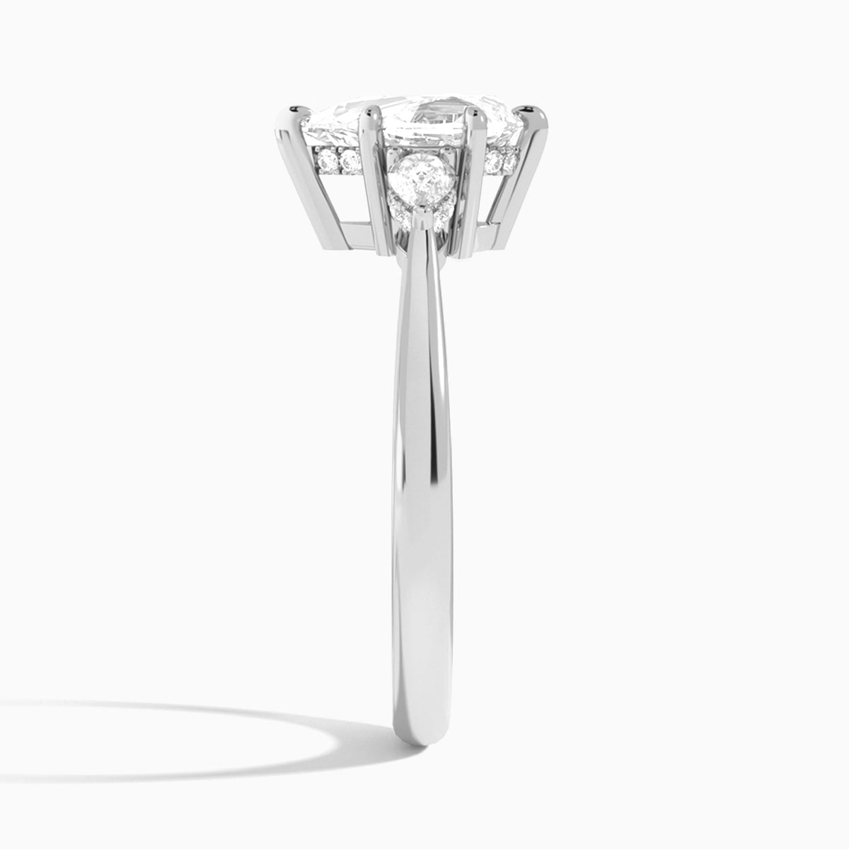 Pear Adorned Couture Three Stone Lab Diamond Engagement Ring In Platinum, Side View
