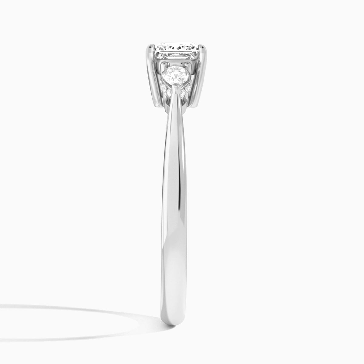 Princess Adorned Couture Three Stone Lab Diamond Engagement Ring In Platinum, Side View