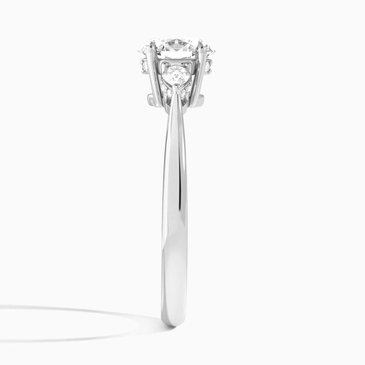 Round Adorned Couture Three Stone Lab Diamond Engagement Ring In Platinum, Side View