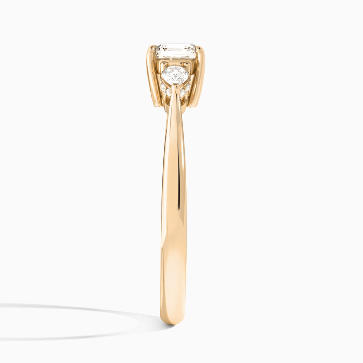 Asscher Adorned Couture Three Stone Lab Diamond Engagement Ring In 14K Rose Gold, Side View