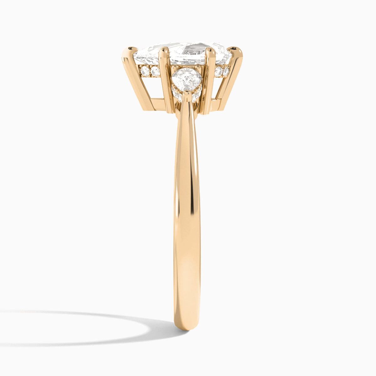 Pear Adorned Couture Three Stone Lab Diamond Engagement Ring In 14K Rose Gold, Side View