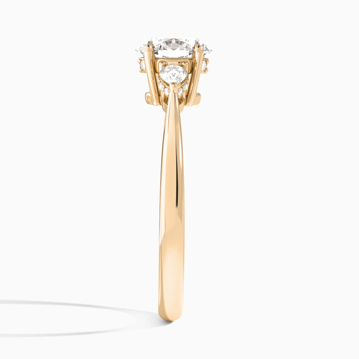 Round Adorned Couture Three Stone Lab Diamond Engagement Ring In 14K Rose Gold, Side View