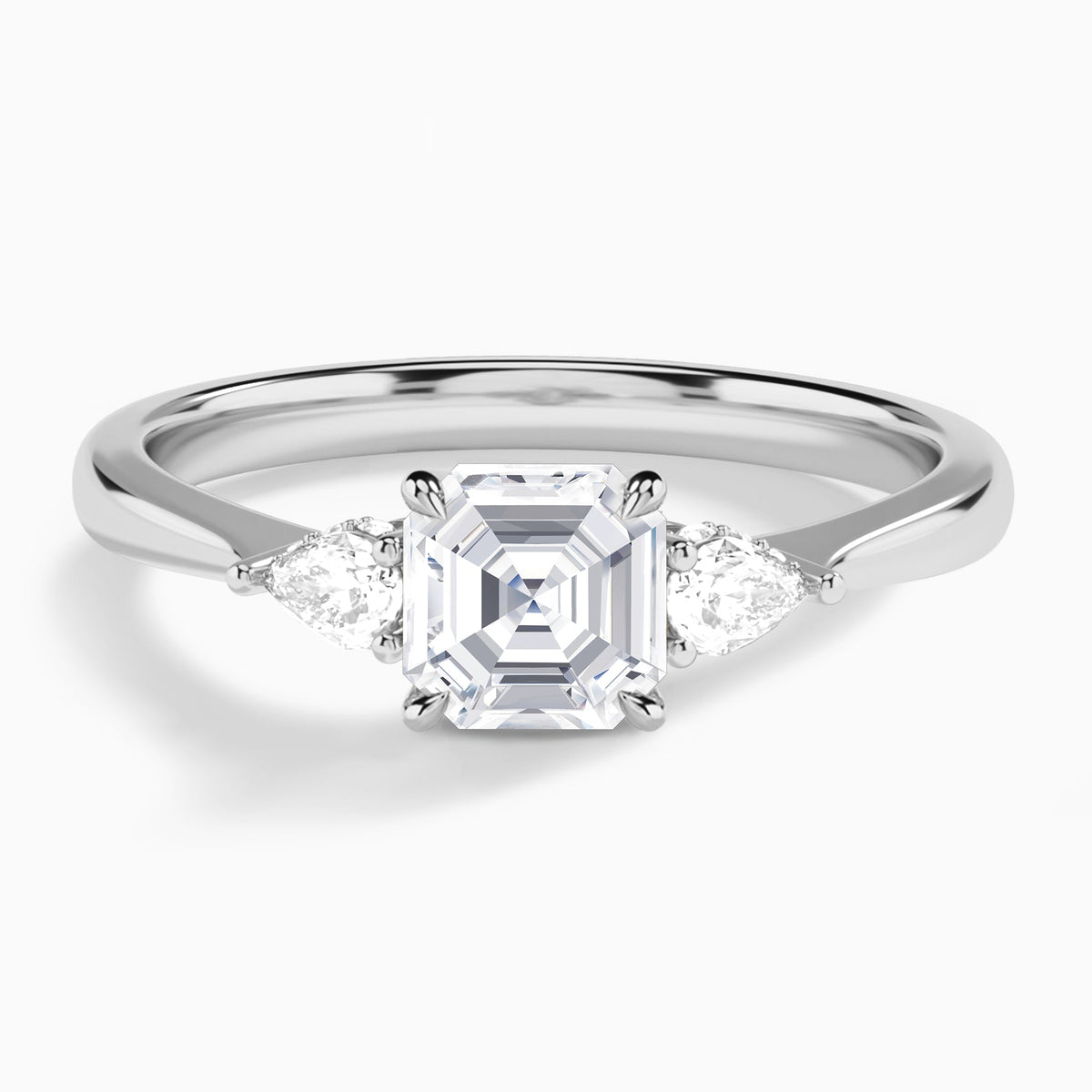 Asscher Adorned Couture Three Stone Lab Diamond Engagement Ring In 14K White Gold - Lucenjuri