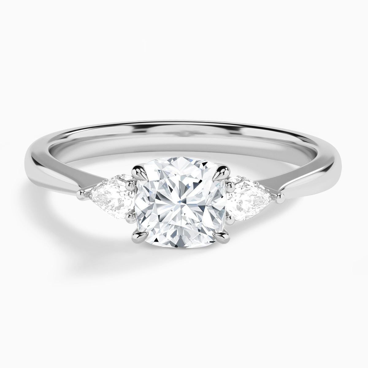 Cushion Adorned Couture Three Stone Lab Diamond Engagement Ring In 14K White Gold - Lucenjuri
