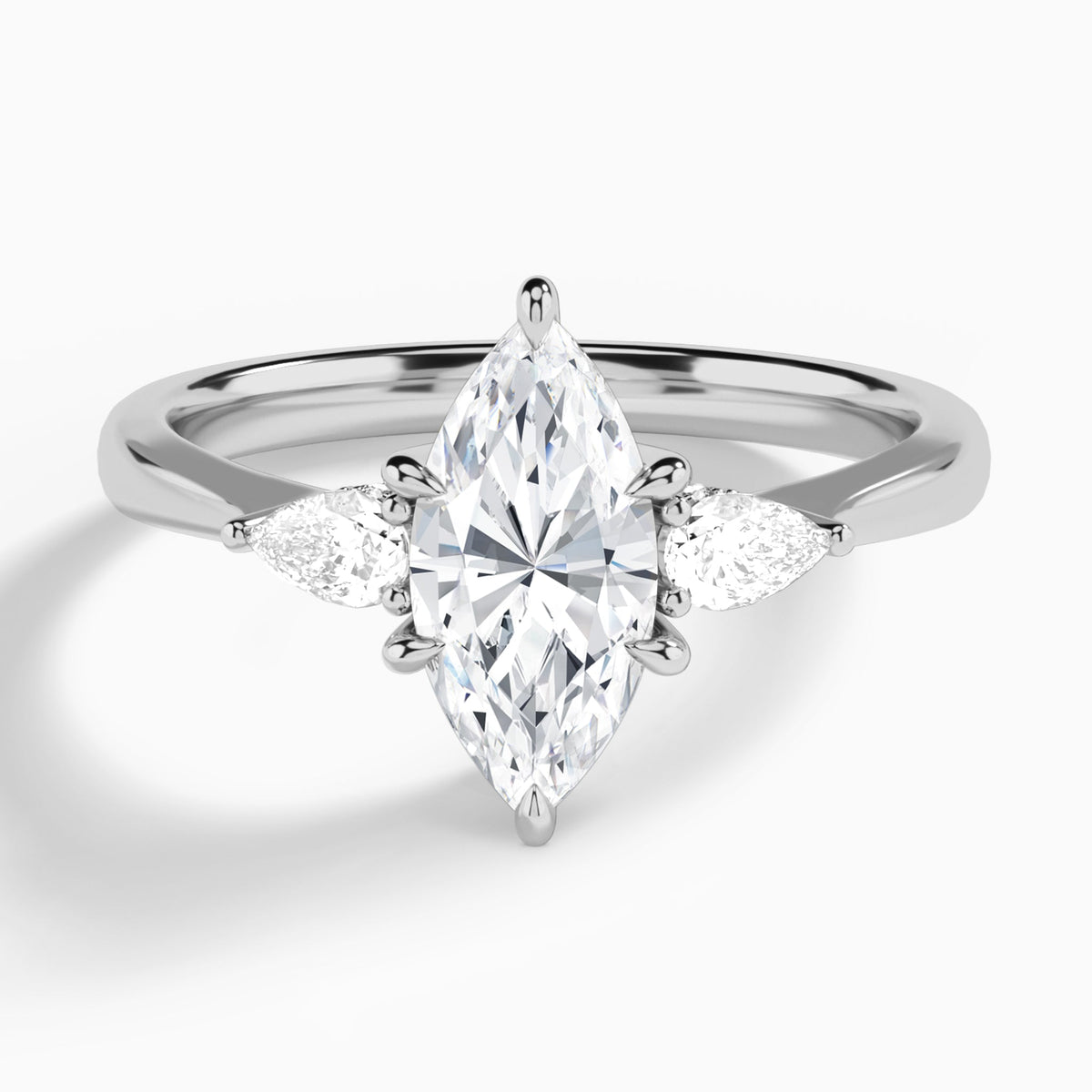 Marquise Adorned Couture Three Stone Lab Diamond Engagement Ring In 18K White Gold - Lucenjuri