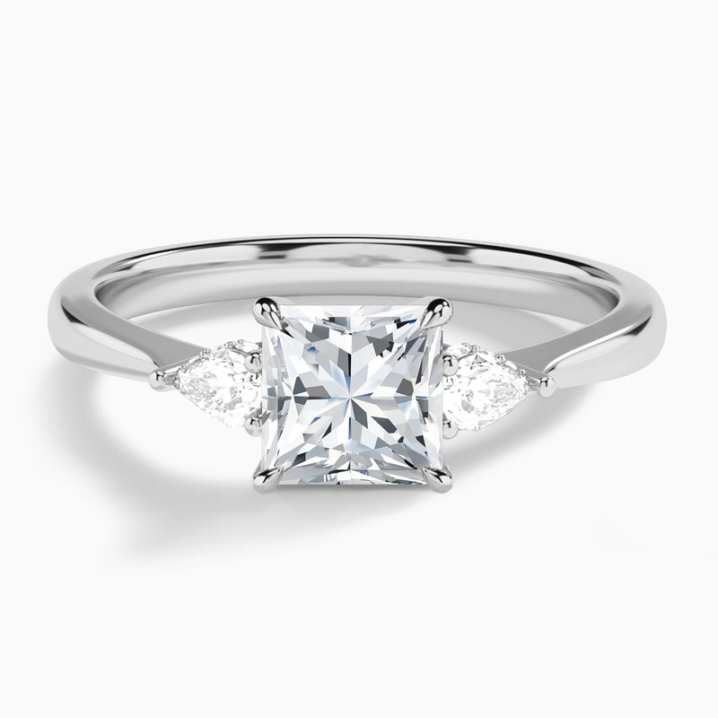 Princess Adorned Couture Three Stone Lab Diamond Engagement Ring In 14K White Gold - Lucenjuri
