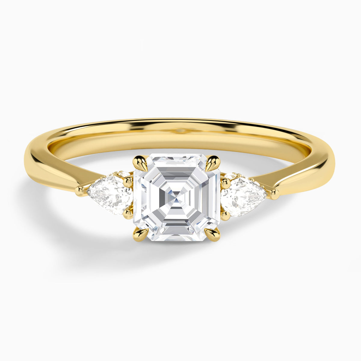 Asscher Adorned Couture Three Stone Lab Diamond Engagement Ring In 18K Yellow Gold - Lucenjuri