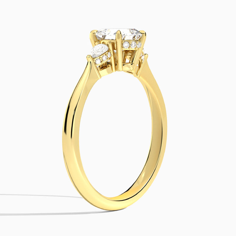 Asscher Adorned Couture Three Stone Lab Diamond Engagement Ring In 18K Yellow Gold, Angle View
