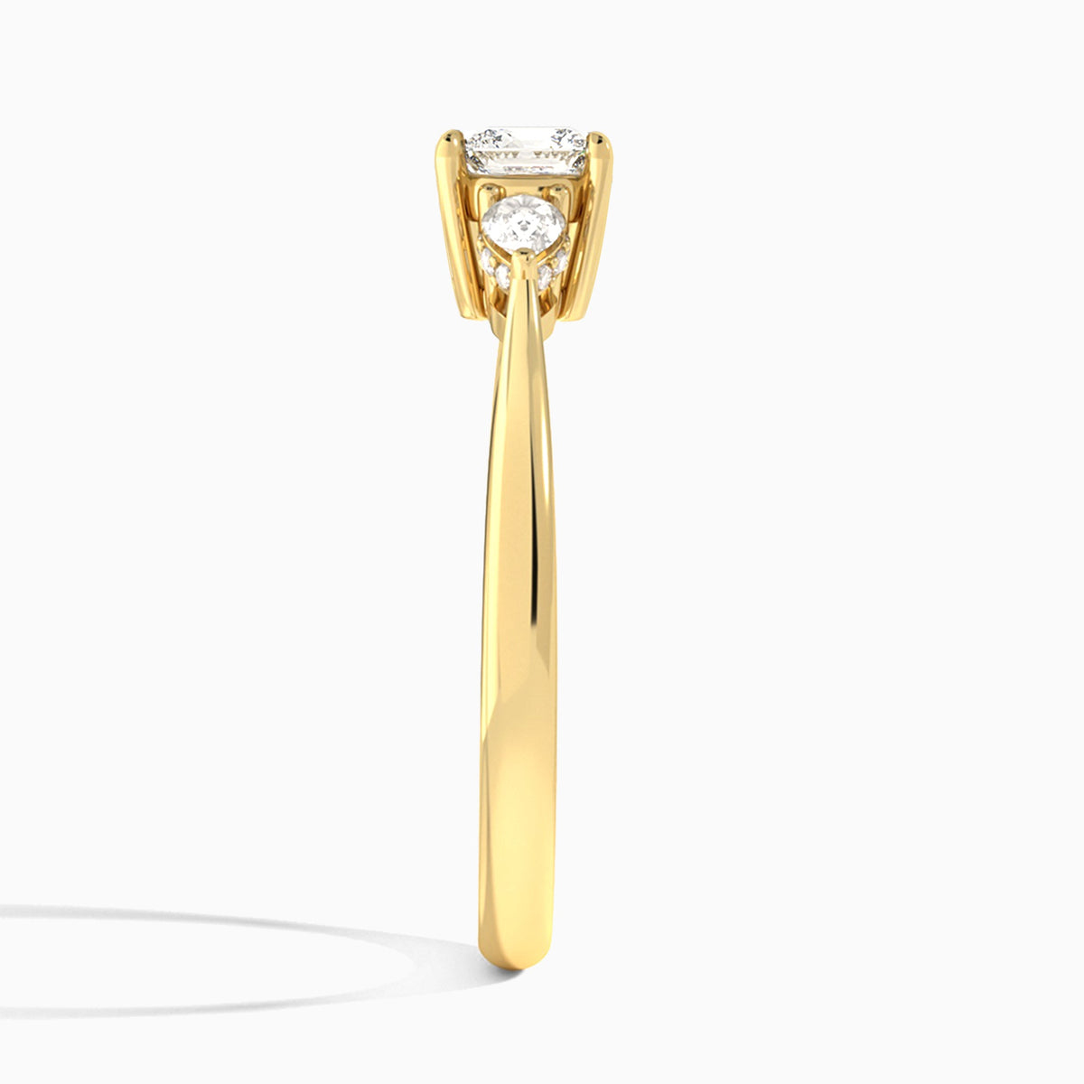 Cushion Adorned Couture Three Stone Lab Diamond Engagement Ring In 14K Yellow Gold, Side View