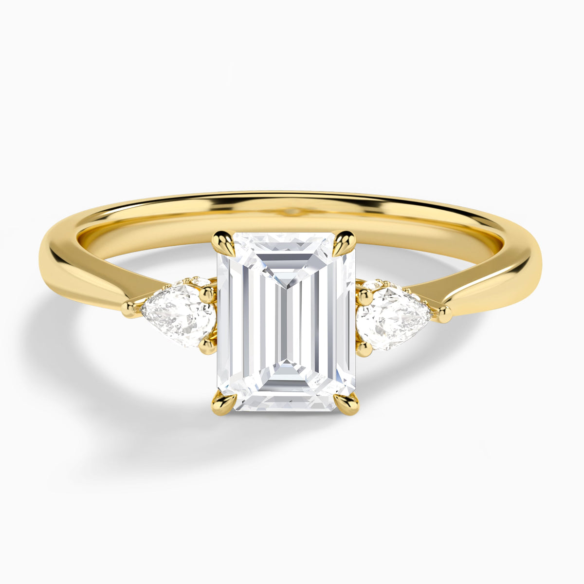 Emerald Adorned Couture Three Stone Lab Diamond Engagement Ring In 14K Yellow Gold - Lucenjuri