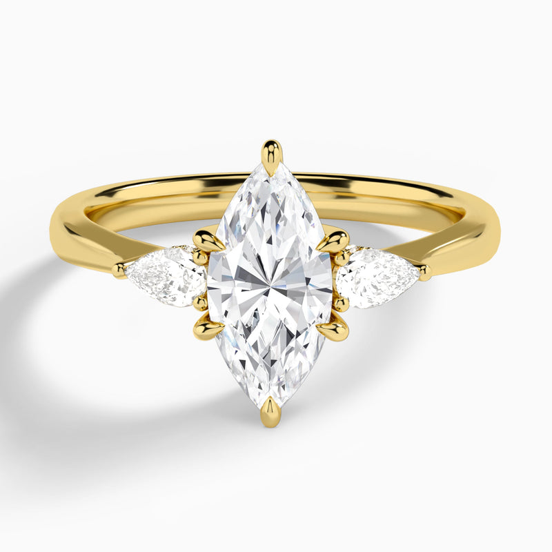 Marquise Adorned Couture Three Stone Lab Diamond Engagement Ring In 14K Yellow Gold - Lucenjuri