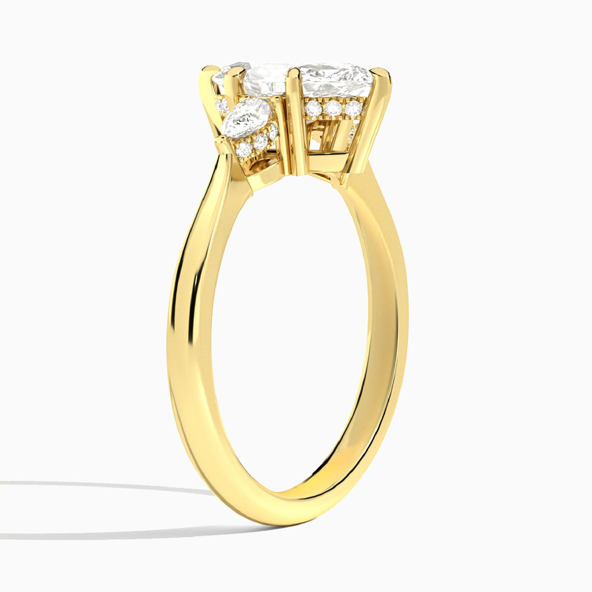 Marquise Adorned Couture Three Stone Lab Diamond Engagement Ring In 14K Yellow Gold, Angle View