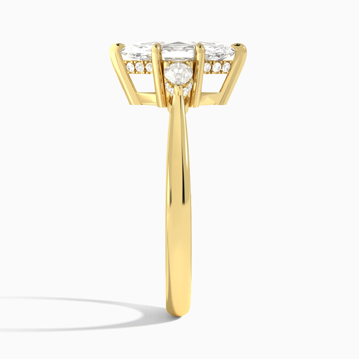 Marquise Adorned Couture Three Stone Lab Diamond Engagement Ring In 18K Yellow Gold, Side View