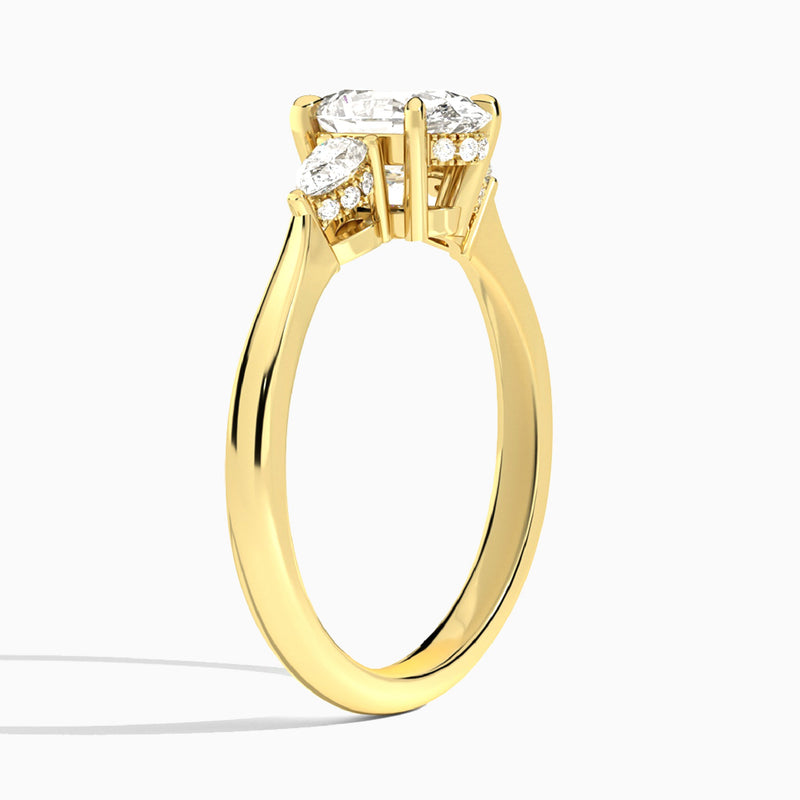 Oval Adorned Couture Three Stone Lab Diamond Engagement Ring In 14K Yellow Gold, Angle View