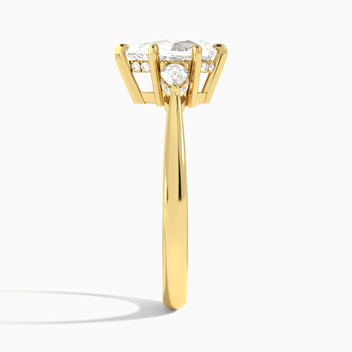 Pear Adorned Couture Three Stone Lab Diamond Engagement Ring In 18K Yellow Gold, Side View