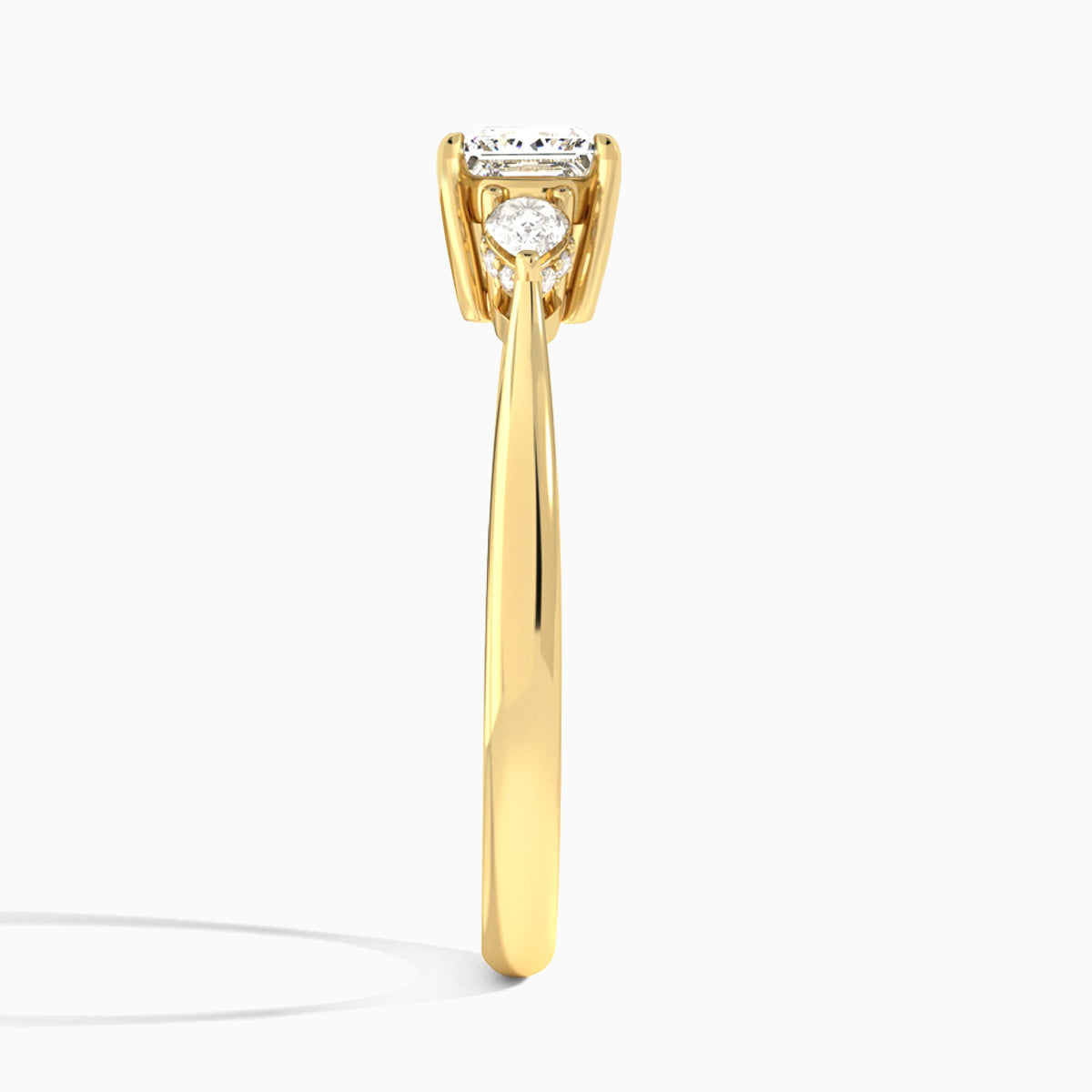 Princess Adorned Couture Three Stone Lab Diamond Engagement Ring In 18K Yellow Gold, Side View