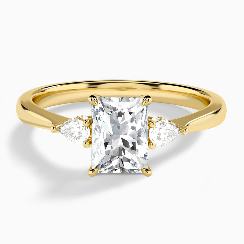 Radiant Adorned Couture Three Stone Lab Diamond Engagement Ring In 18K Yellow Gold - Lucenjuri