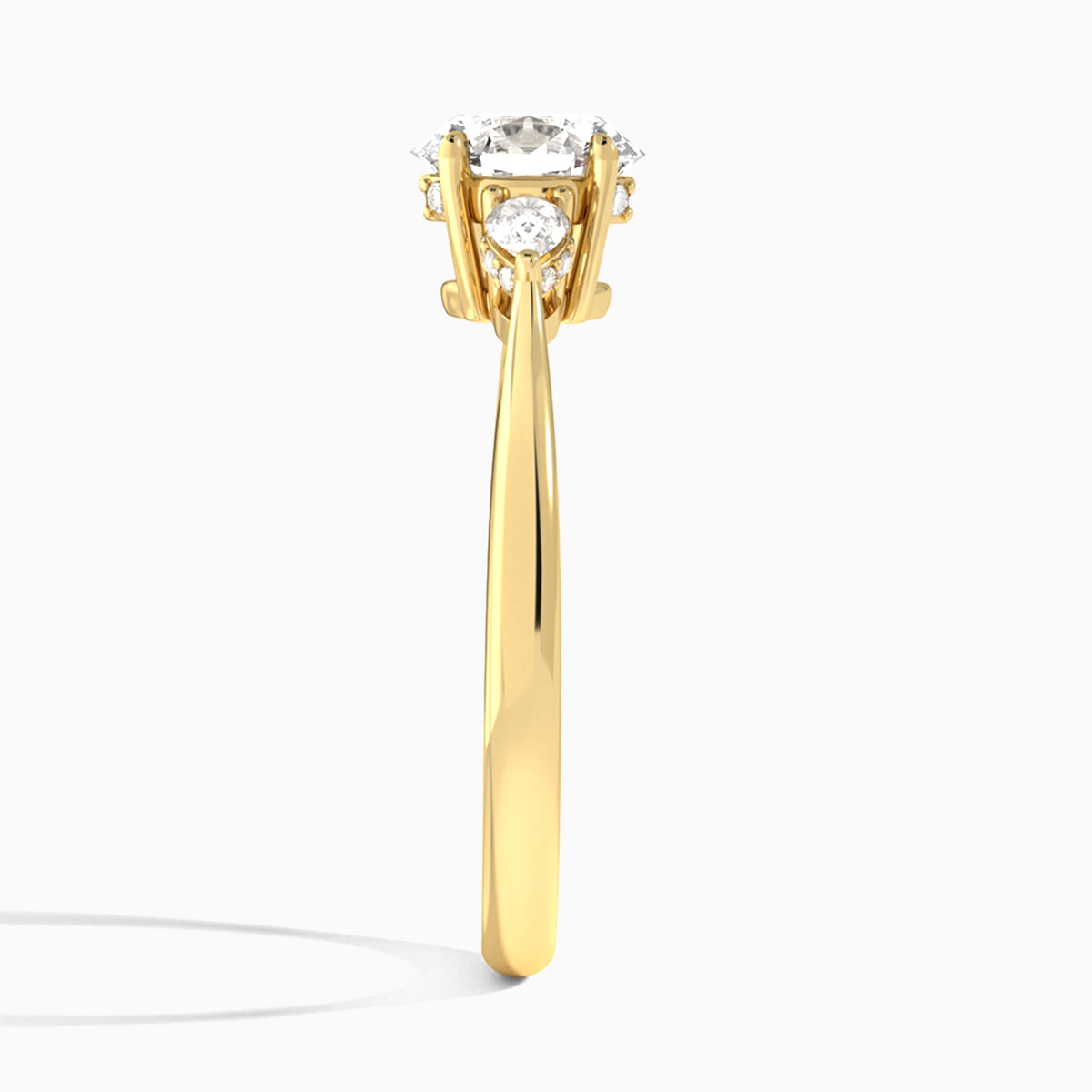 Round Adorned Couture Three Stone Lab Diamond Engagement Ring In 18K Yellow Gold, Side View