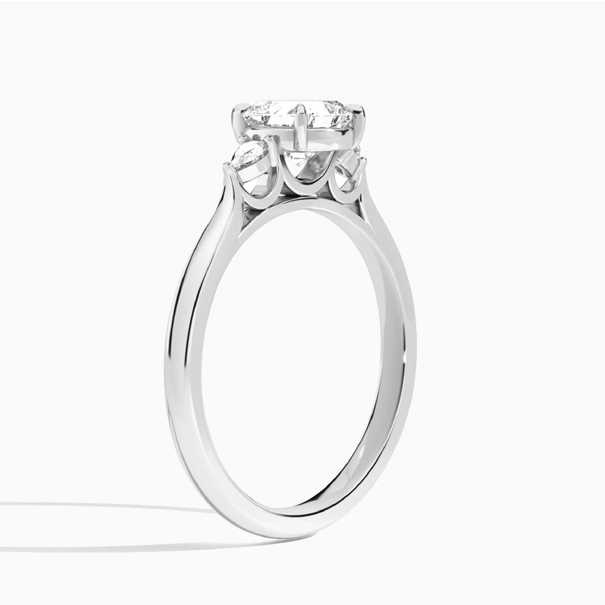 Asscher Perfect Fit Three Stone Pear Lab Diamond Engagement Ring In Platinum, Angle View