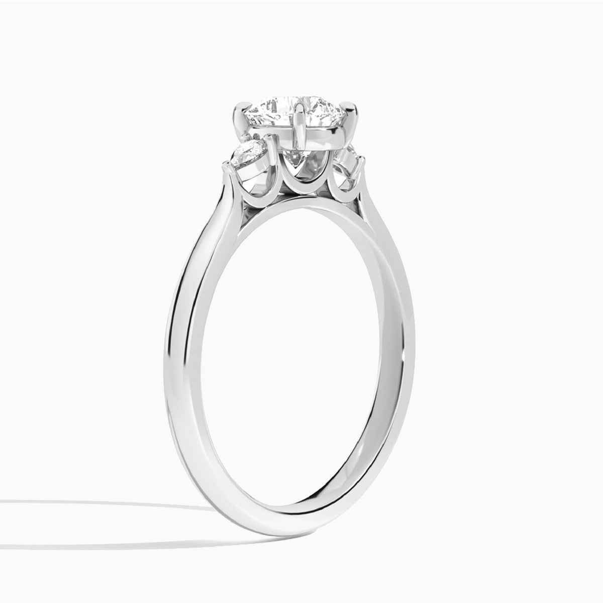 Cushion Perfect Fit Three Stone Pear Lab Diamond Engagement Ring In Platinum, Angle View