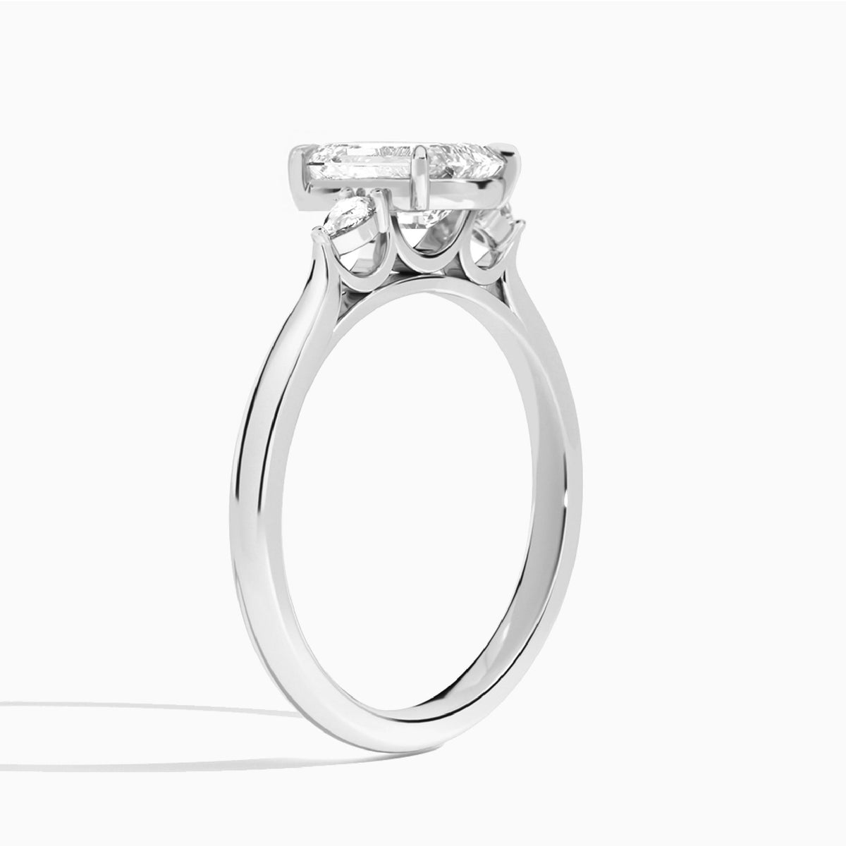 Emerald Perfect Fit Three Stone Pear Lab Diamond Engagement Ring In Platinum, Angle View