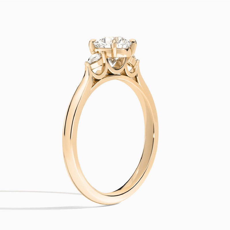 Cushion Perfect Fit Three Stone Lab Diamond Engagement Ring In 14K Rose Gold, Angle View