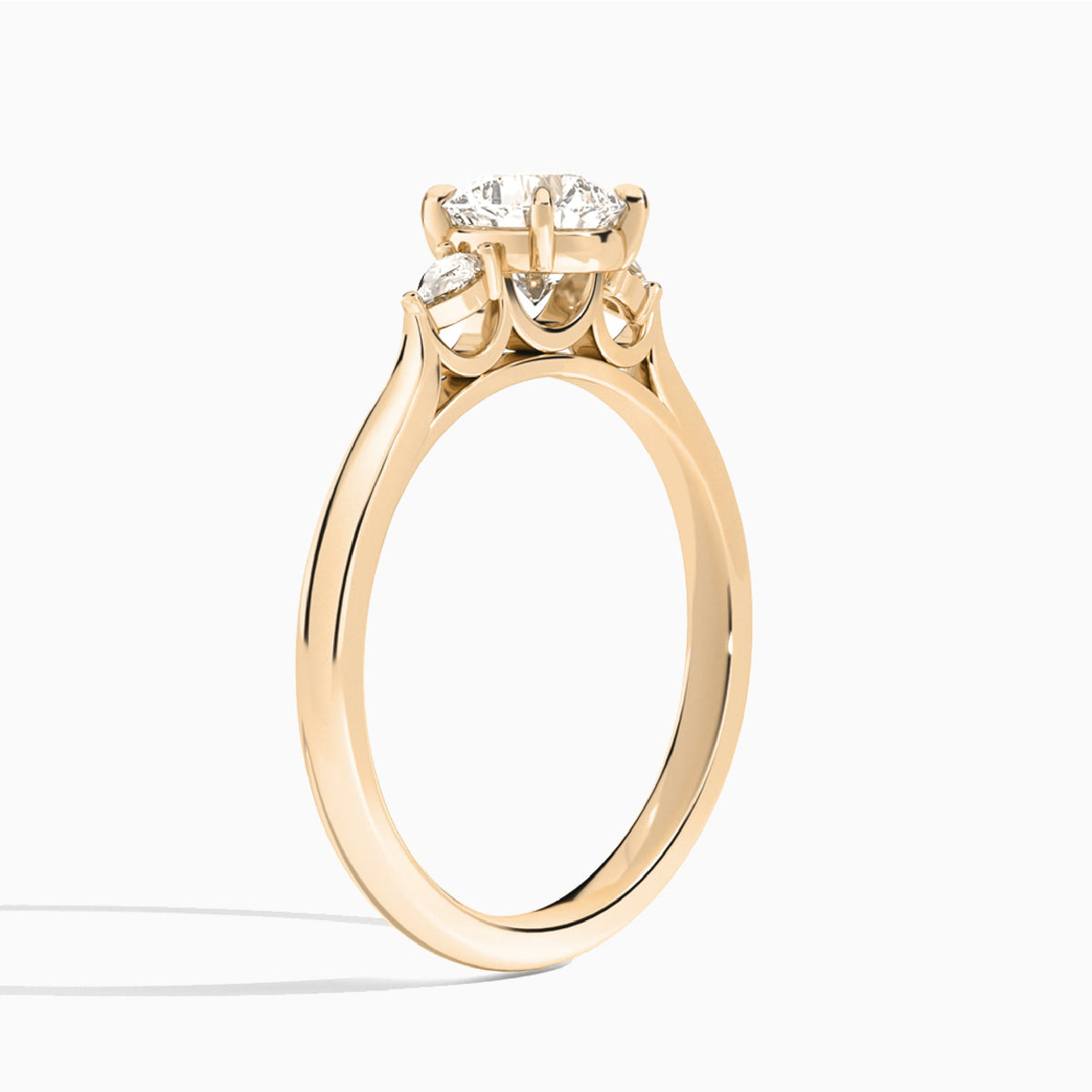 Cushion Perfect Fit Three Stone Lab Diamond Engagement Ring In 14K Rose Gold, Angle View