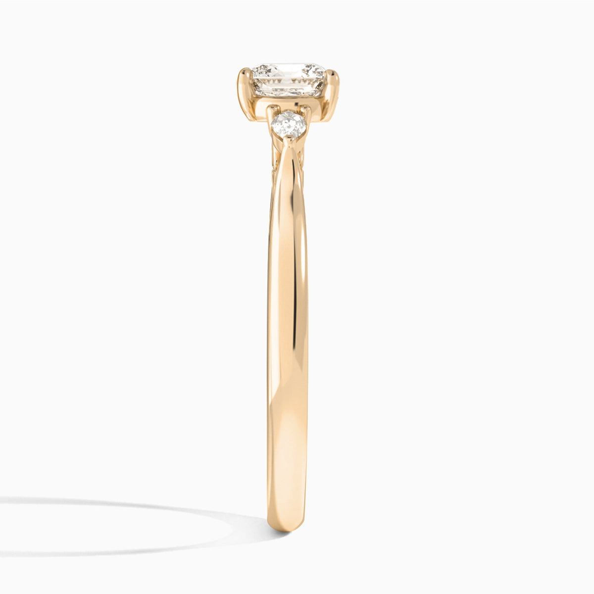 Cushion Perfect Fit Three Stone Lab Diamond Engagement Ring In 14K Rose Gold, Side View
