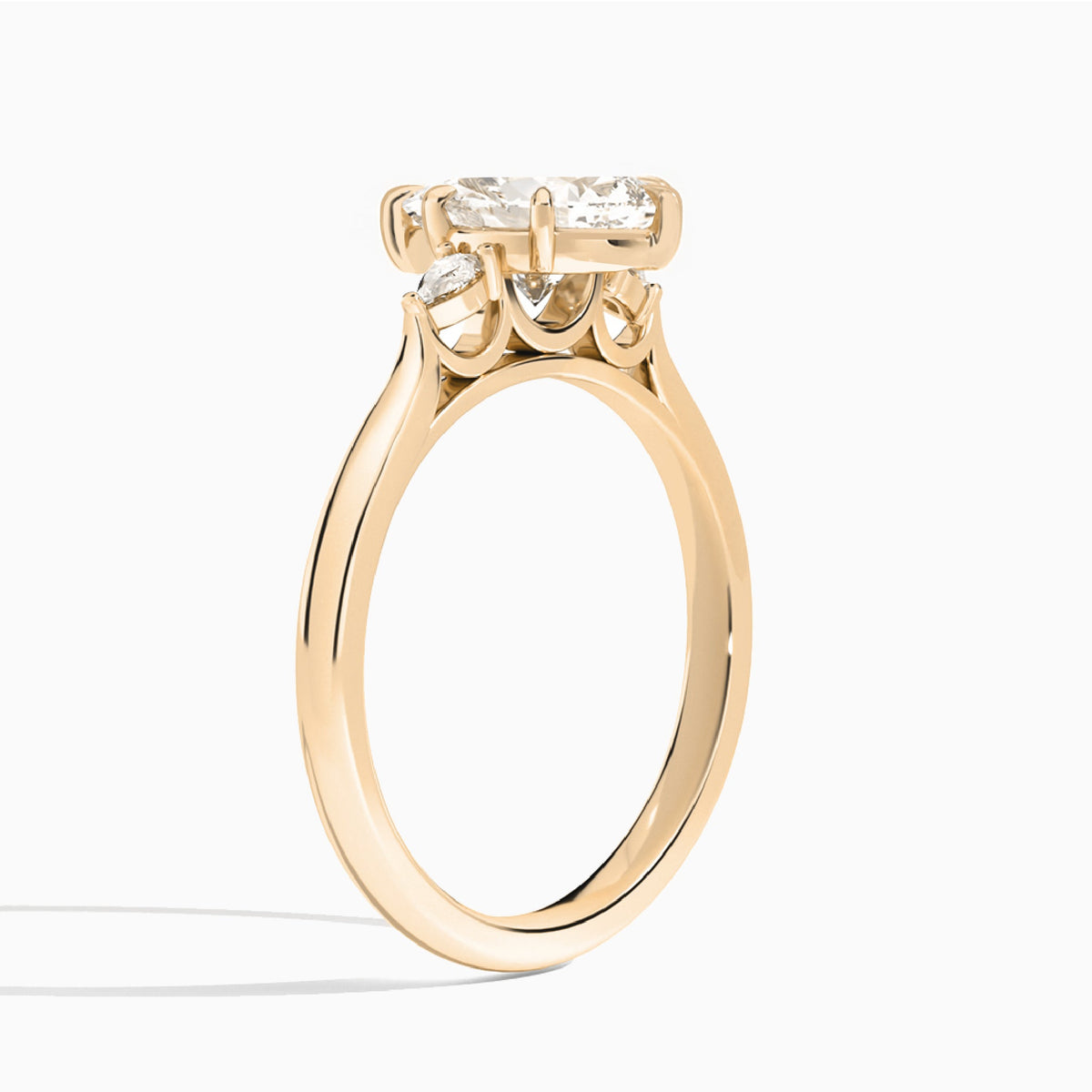 Pear Perfect Fit Three Stone Lab Diamond Engagement Ring In 14K Rose Gold, Angle View