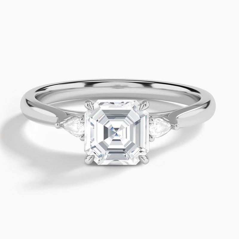 Asscher Perfect Fit Three Stone Lab Diamond Engagement Ring In 18K White Gold - Lucenjuri