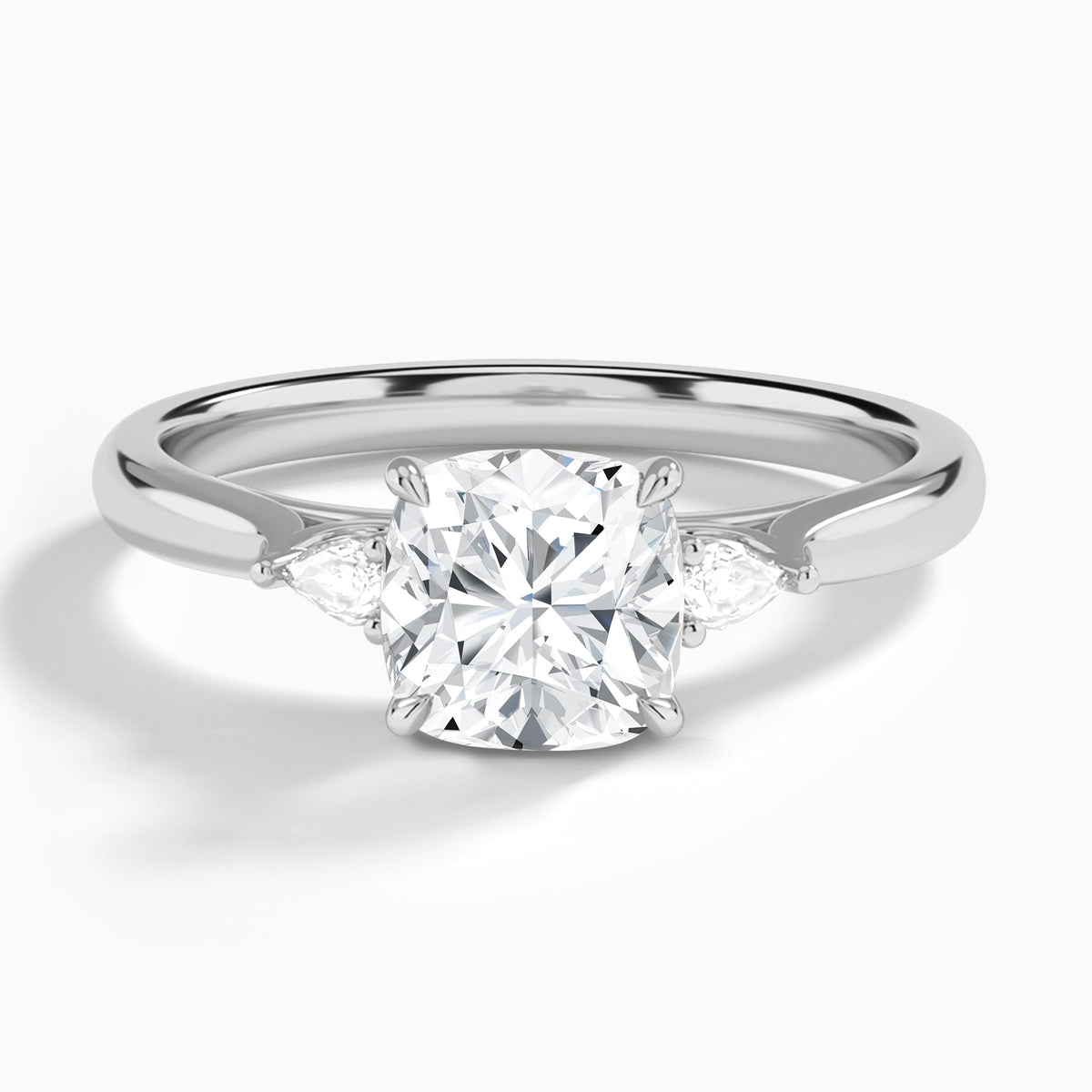 Cushion Perfect Fit Three Stone Lab Diamond Engagement Ring In 14K White Gold - Lucenjuri