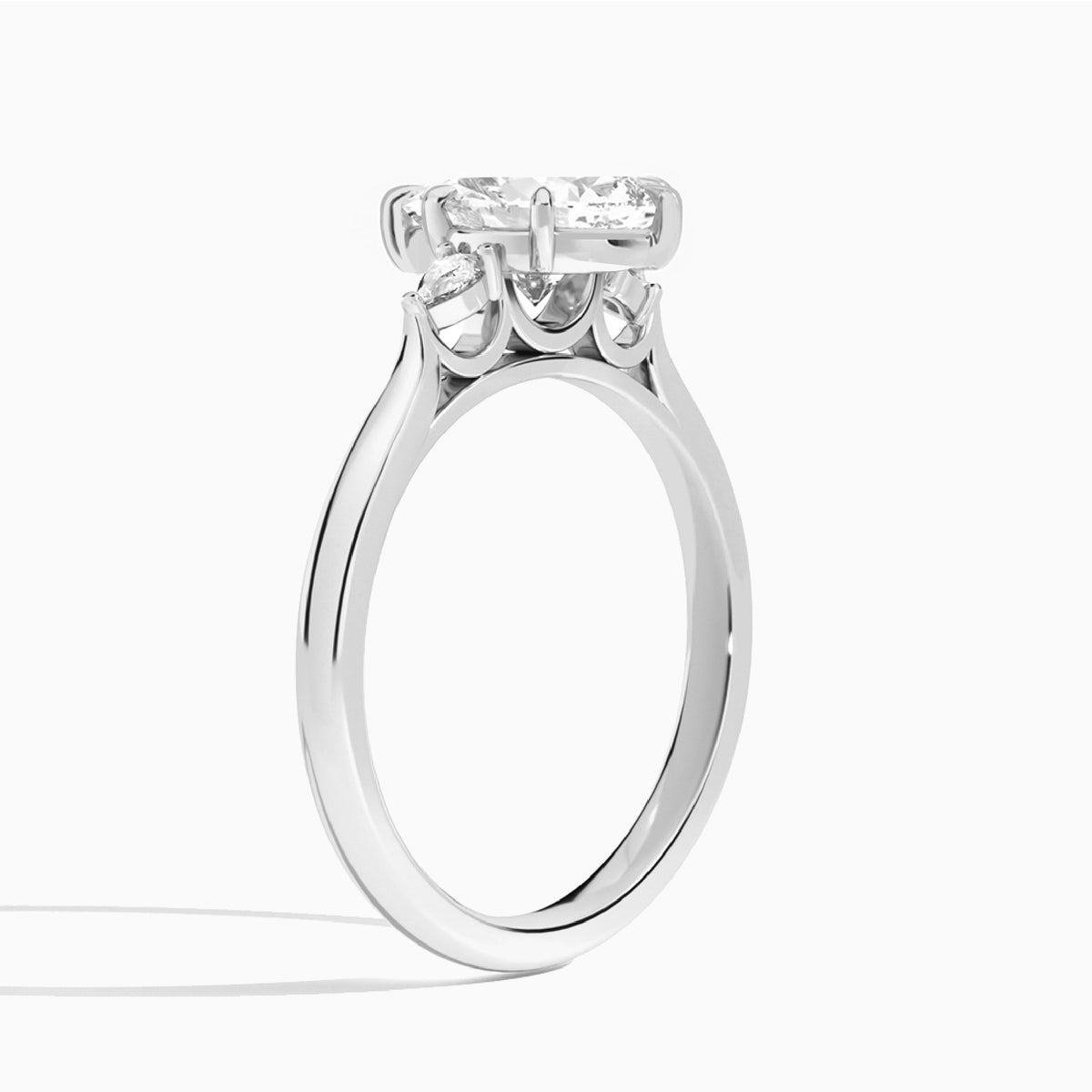 Pear Perfect Fit Three Stone Lab Diamond Engagement Ring In 18K White Gold, Angle View