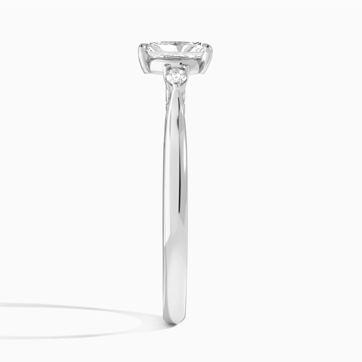 Radiant Perfect Fit Three Stone Lab Diamond Engagement Ring In 18K White Gold, Side View