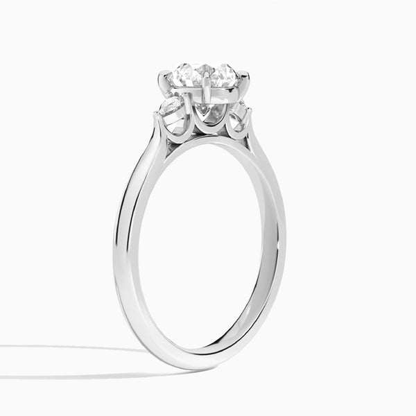 Round Perfect Fit Three Stone Lab Diamond Engagement Ring In 14K White Gold, Angle View