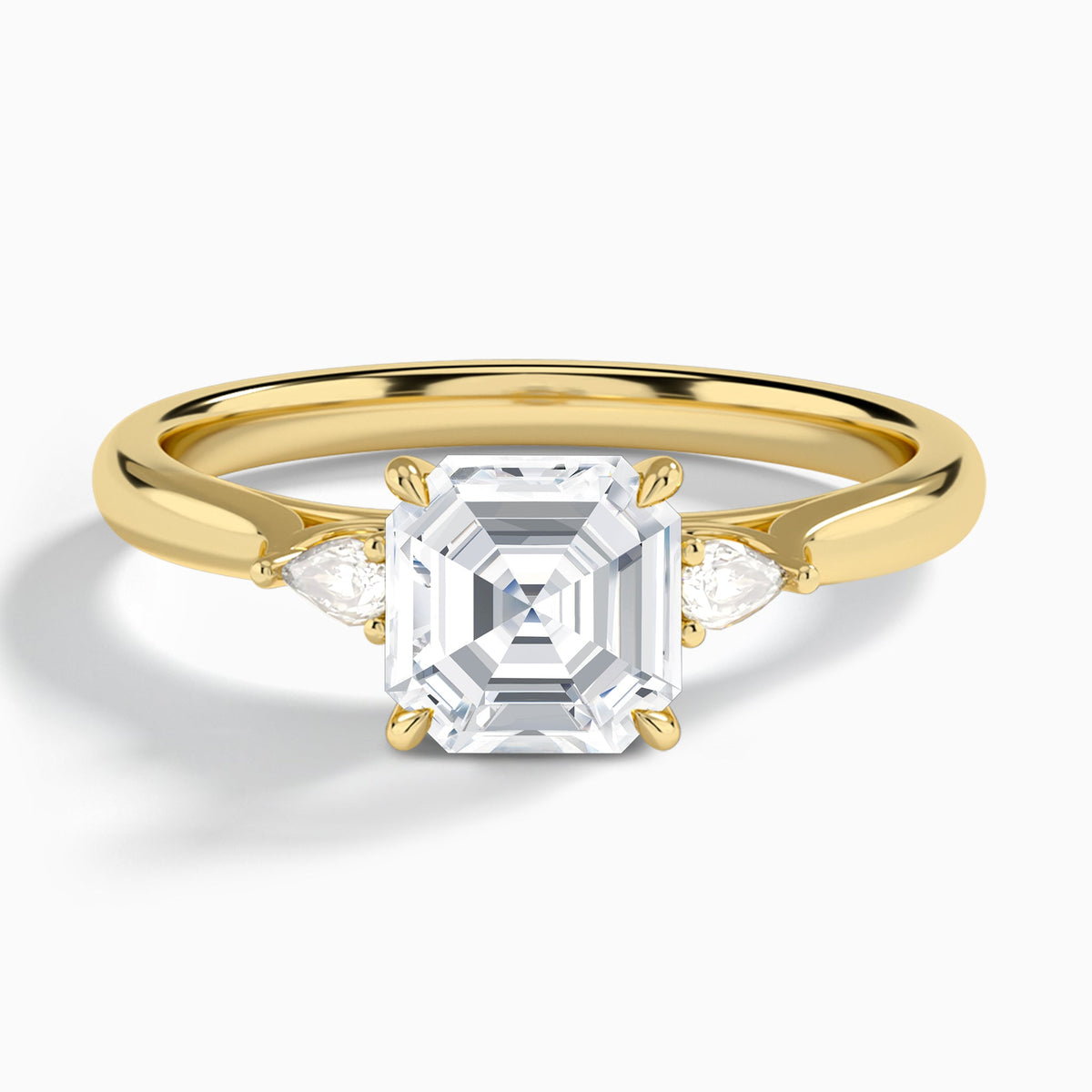Asscher Perfect Fit Three Stone Lab Diamond Engagement Ring In 18K Yellow Gold - Lucenjuri
