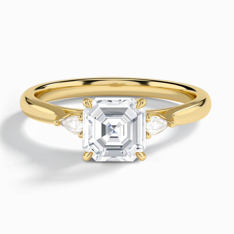 Asscher Perfect Fit Three Stone Lab Diamond Engagement Ring In 14K Yellow Gold - Lucenjuri