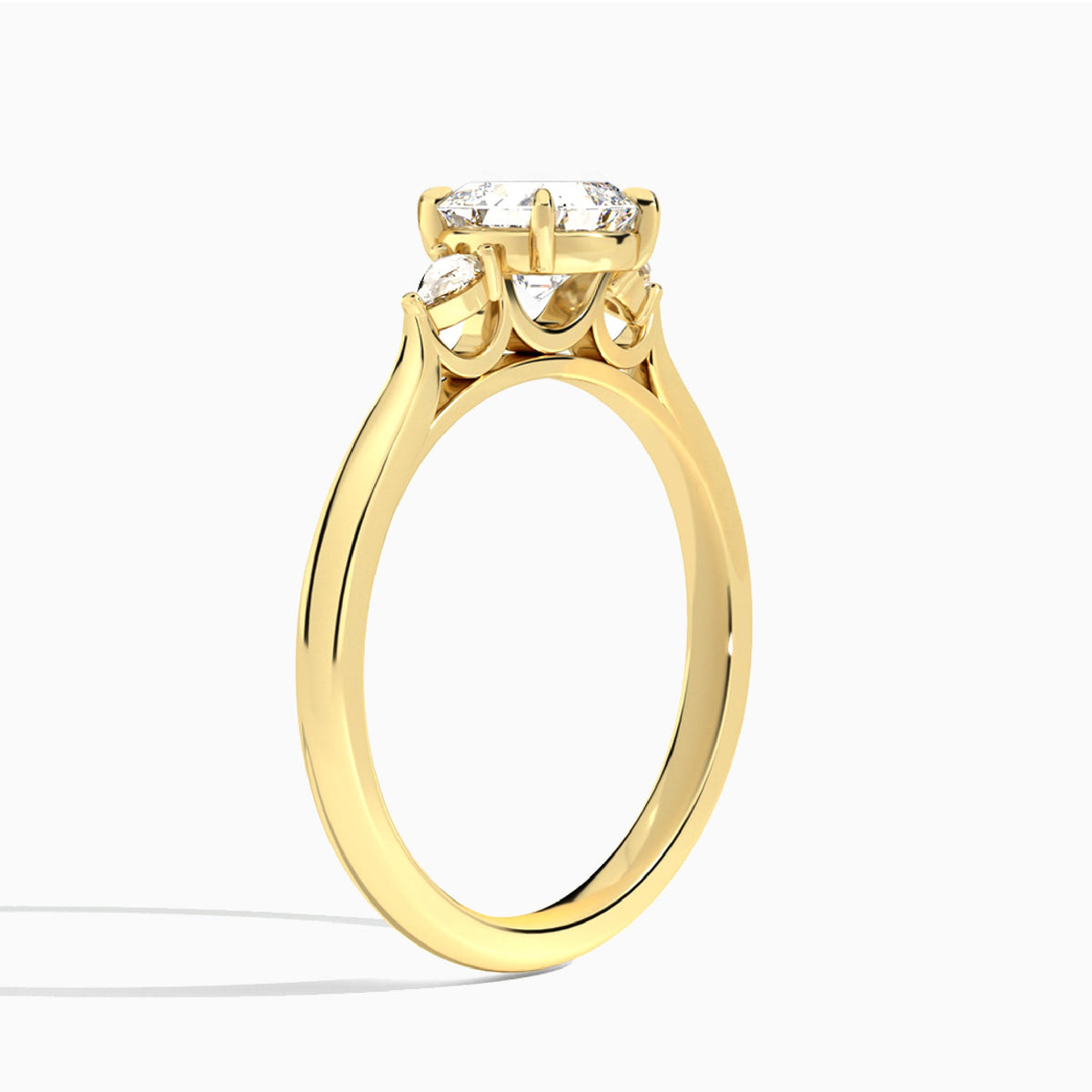 Asscher Perfect Fit Three Stone Lab Diamond Engagement Ring In 18K Yellow Gold, Angle View