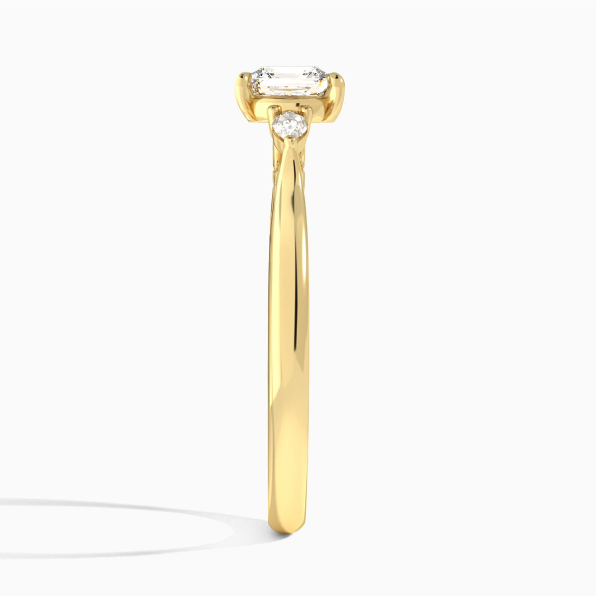 Asscher Perfect Fit Three Stone Lab Diamond Engagement Ring In 14K Yellow Gold, Side View