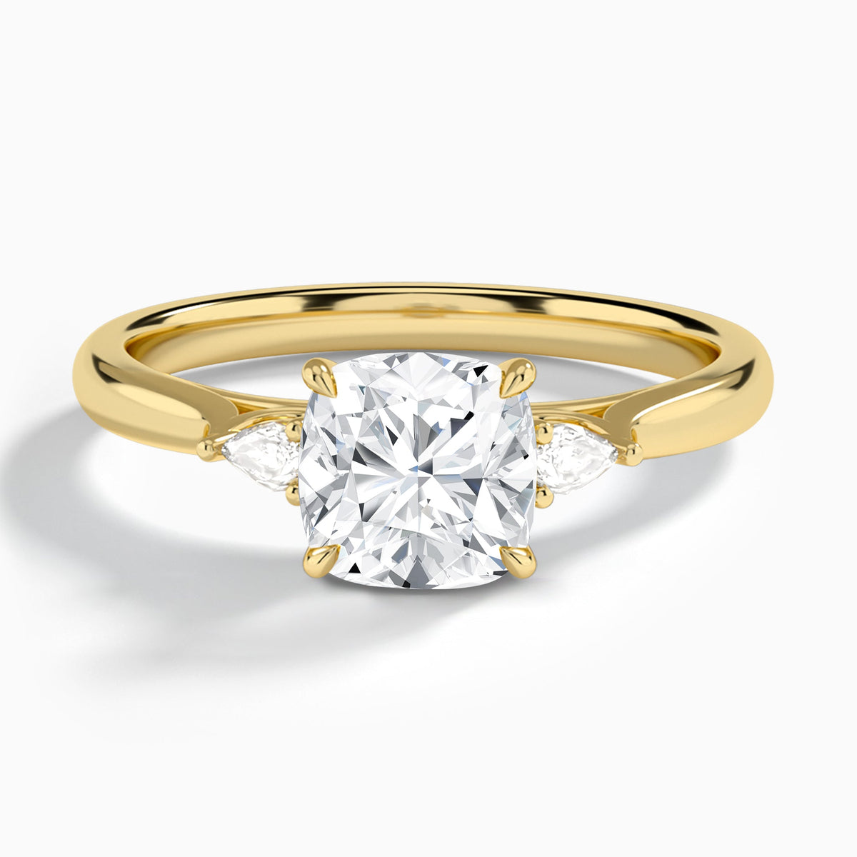 Cushion Perfect Fit Three Stone Lab Diamond Engagement Ring In 14K Yellow Gold - Lucenjuri