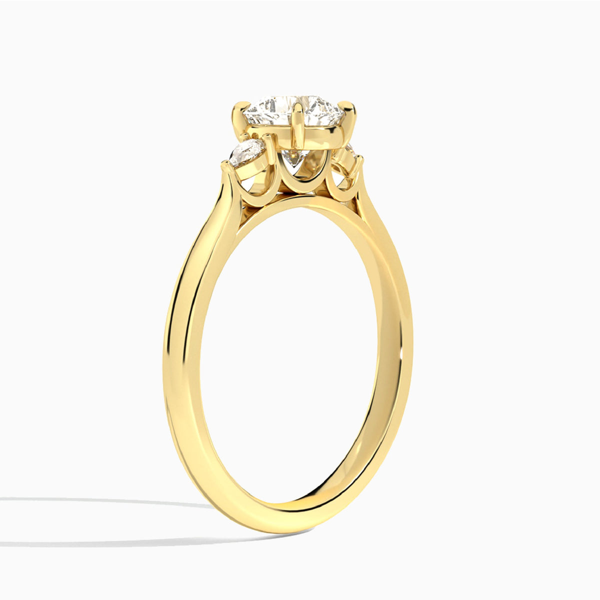 Cushion Perfect Fit Three Stone Lab Diamond Engagement Ring In 18K Yellow Gold, Angle View
