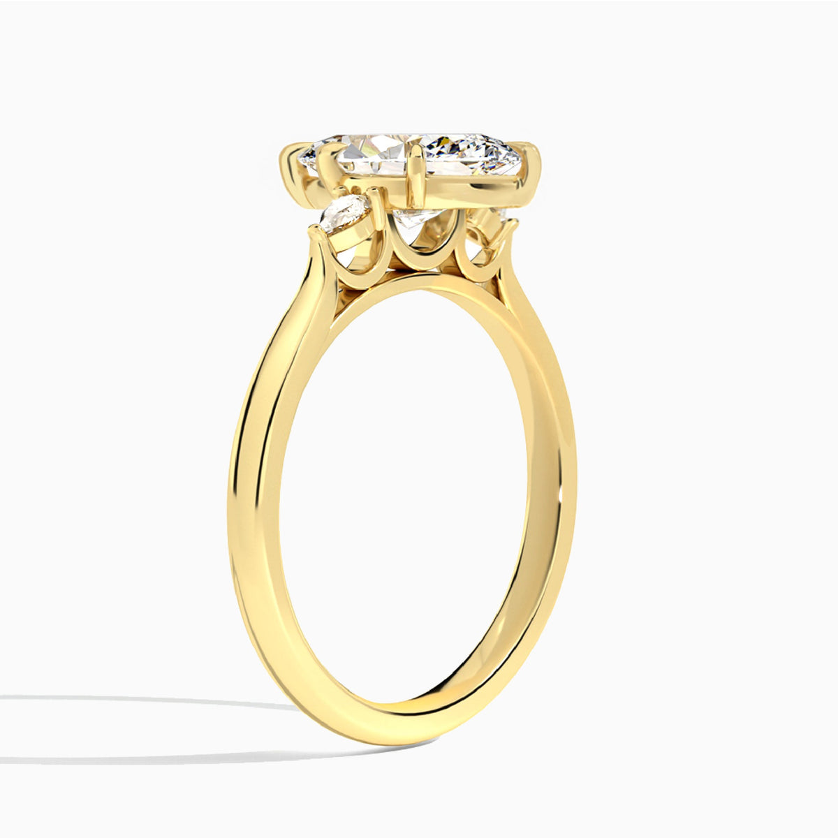 Marquise Perfect Fit Three Stone Lab Diamond Engagement Ring In 18K Yellow Gold, Angle View