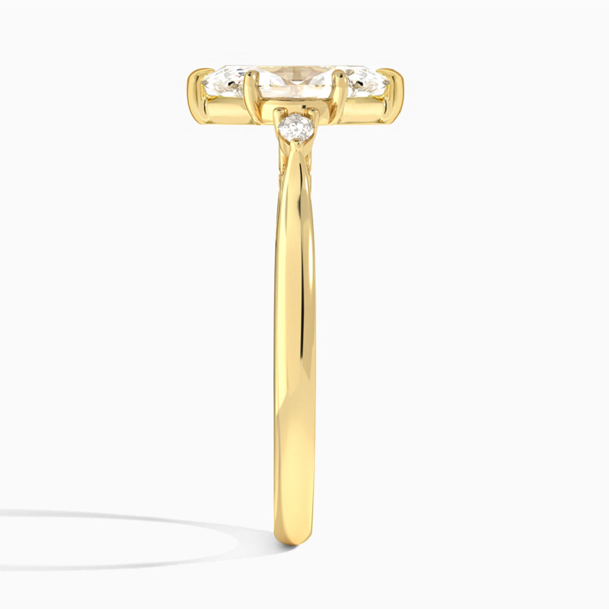 Marquise Perfect Fit Three Stone Lab Diamond Engagement Ring In 14K Yellow Gold, Side View