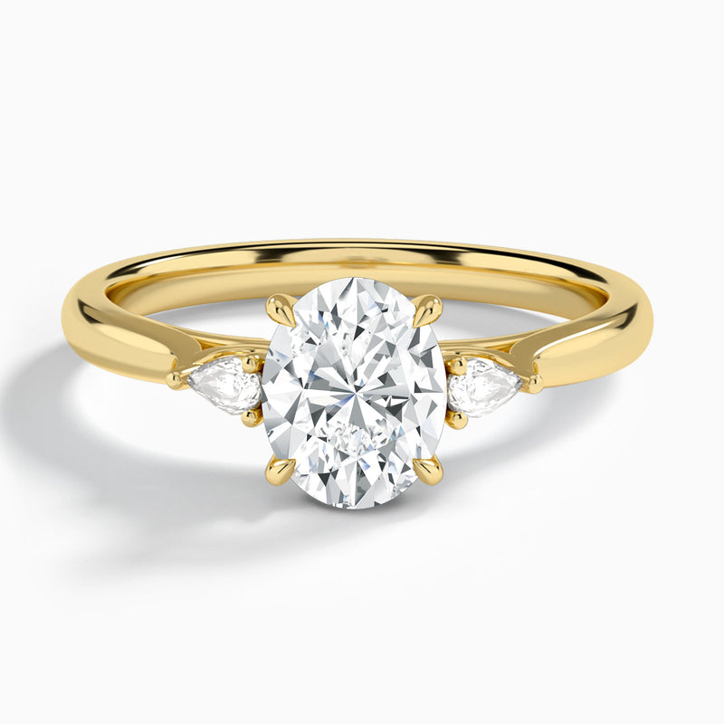 Oval Perfect Fit Three Stone Lab Diamond Engagement Ring In 14K Yellow Gold - Lucenjuri
