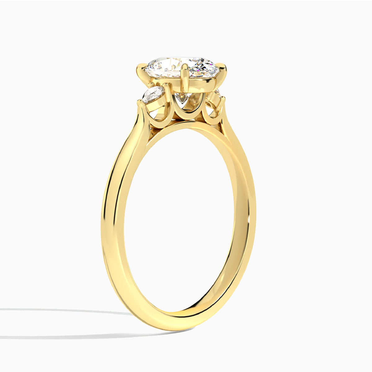 Oval Perfect Fit Three Stone Lab Diamond Engagement Ring In 18K Yellow Gold, Angle View