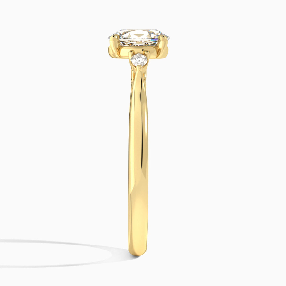 Oval Perfect Fit Three Stone Lab Diamond Engagement Ring In 18K Yellow Gold, Side View