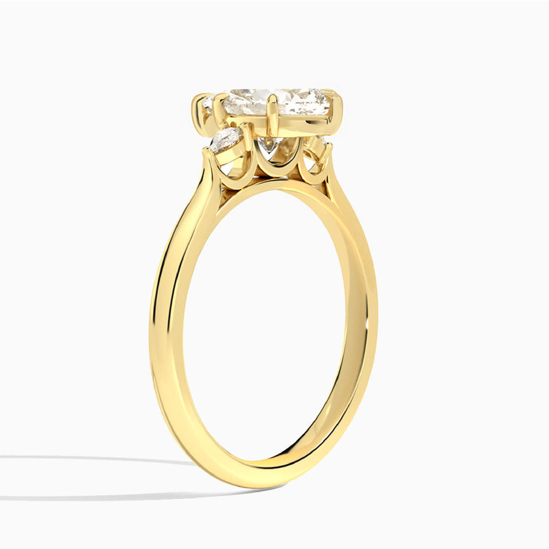 Pear Perfect Fit Three Stone Lab Diamond Engagement Ring In 18K Yellow Gold, Angle View