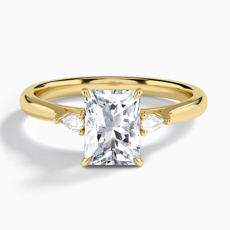 Radiant Perfect Fit Three Stone Lab Diamond Engagement Ring In 18K Yellow Gold - Lucenjuri